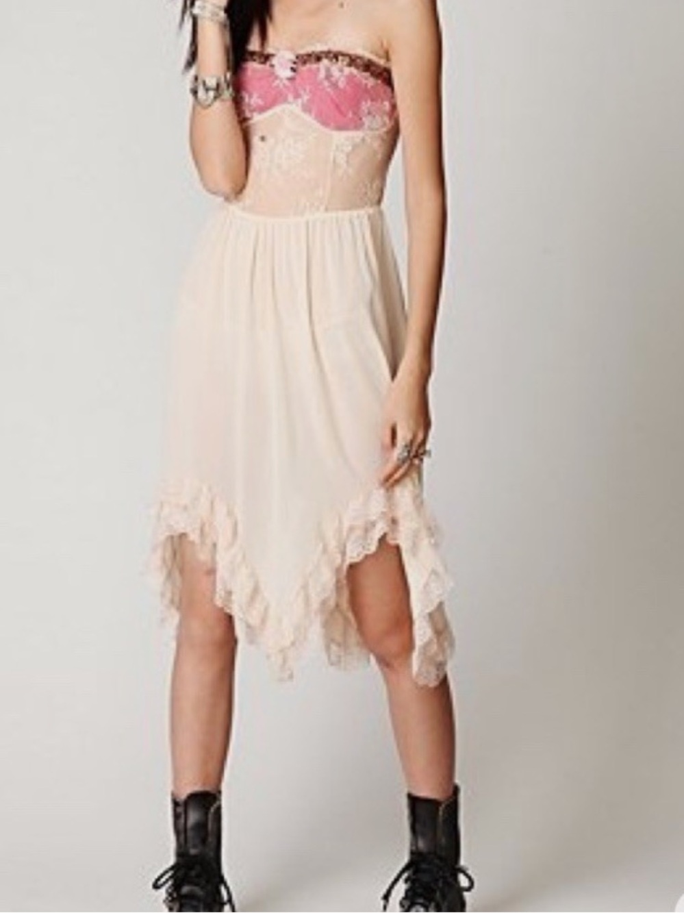 Free People Strapless Pink and Cream Lace Midi Dress